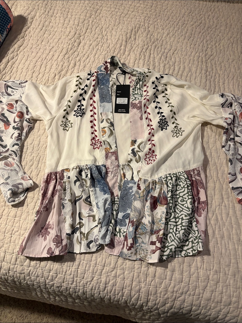 Boho Patchwork Floral White Mix Open-Front Jacket M